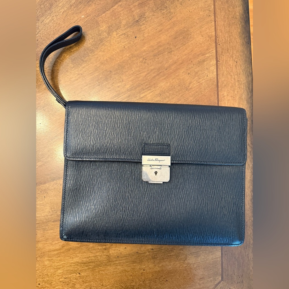 Salvatore Ferragamo Black Textured Leather Briefcase